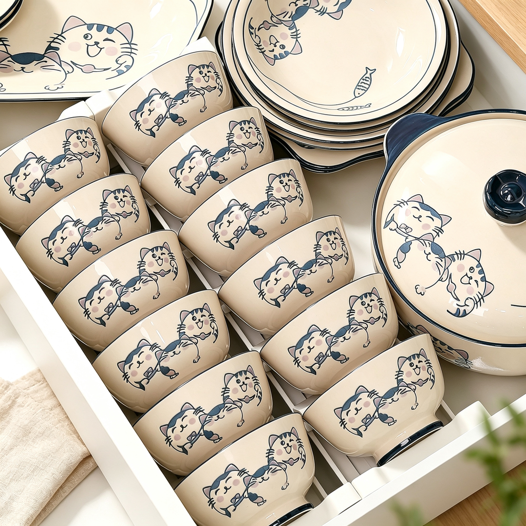 Cute Cat Bowl and Plate Dinnerware Set