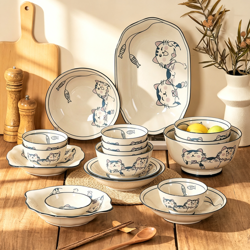 Cute Cat Bowl and Plate Dinnerware Set